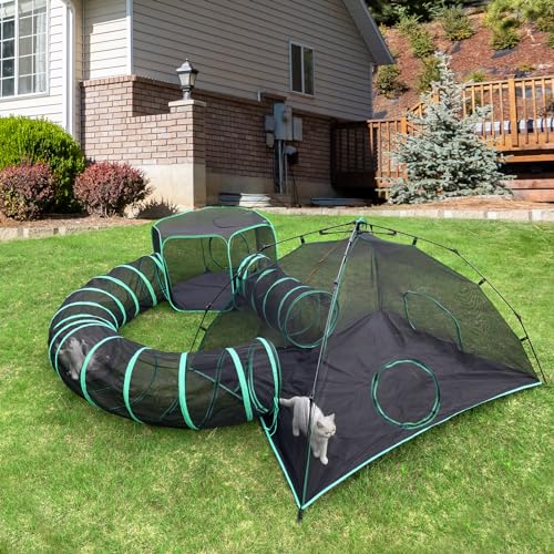 Pawtenda 4-in-1 Outdoor Cat Enclosures Set, Green Cat Tent with 2 Tents and 2 Tunnels, Portable Cat Tents for Outside with Storage Bag, Catio Cat Playpen Suit for Cat, Rabbit, and Puppy - 4-in-1