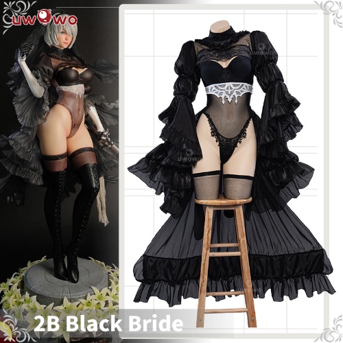 Uwowo Nier: Automata 2B Black Wedding Dress Bride Cosplay Costume - 【In Stock】XXXL