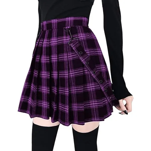 chouyatou Women's Cool Sweet A-Line Decorative Strap Plaid Pleated Mini Skirt - Small - Purple
