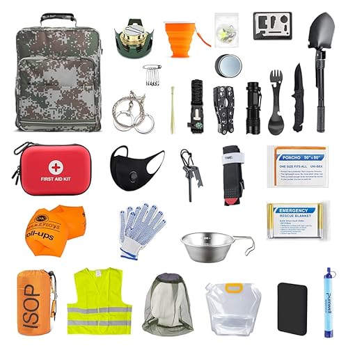 Emergency Survival Kit | Military Survival Kit | Emergency Survival Gear & Fishing Equipment for Camping Hiking Hunting Outdoor Adventure | Survival Tools with Emergency Bracelet Whistle Flashlight - Survival Backpack