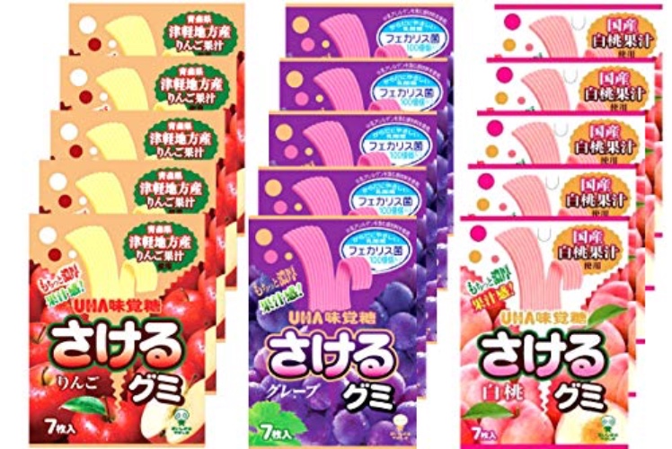 Sakeru Gummy, Japanese Gummy Candies: Peach,Apple,Grape × 5 bags. No.a317
