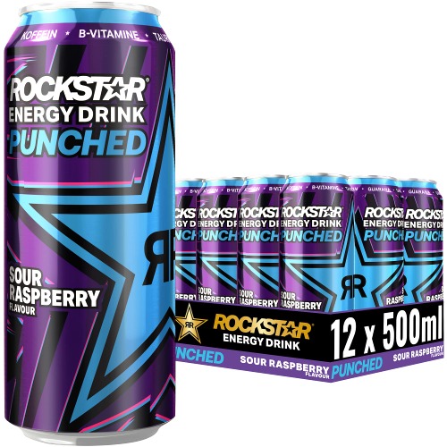 Rockstar Energy Drink Super Sours Blue Raspberry - Saures, koffeinhaltiges Erfrischungsgetränk für den Energie Kick, EINWEG (12x 500ml) - Blue Raspberry 500 ml (12er Pack)