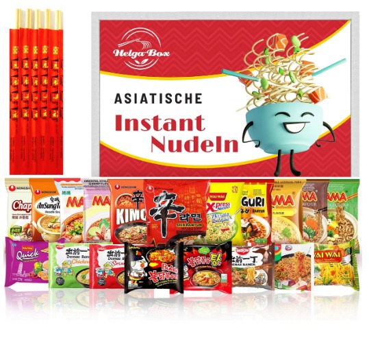 HELGA-BOX Instant Nudeln Box mit 12 verschiedenen Asia Nudeln - enthält 5x Bambus Essstäbchen - ausgewählter Mix an Instant Ramen wie Samyang, Mama, Nongshim, Yumyum. - Ramen Nudeln Geschenkbox - 