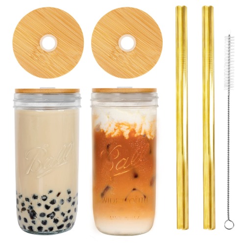 ANOTION Einmachglas Mit Deckel Und Strohhalm, 680 Ml, Breite Öffnung, Einmachglas, Trinkgläser Mit Silikonhülle, Bambusdeckel, Wiederverwendbare Boba-becher Reiseflasche - Transparent und Goldfarben