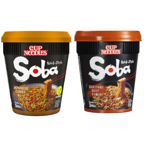 Nissin Cup Noodles Soba Cup - Japanese Curry, 8er Pack, Wok Style Instant-Nudeln japanischer Art mit Curry-Sauce und Gemüse, vegetarisch (8x90g) & Nissin Cup Noodles Soba Cup – Sukiyaki Beef, 8 x 89 g - Bundle mit Soba Cup – Sukiyaki Beef, 8er Pack