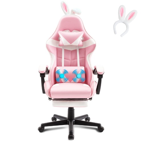 Soontrans Gaming Stuhl Massage Gaming Sessel mit Fußstütze, Gamer Stuhl mit Kopfstütze & Massage-Lendenkissen & Haarreif, Gepolstert Gaming Chair, Gaming Stuhl für Gamer YouTube Livestreaming (Rosa) - Rosa (mit Haarreif) Mit Massage