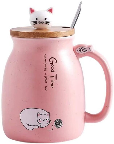 Goevcclei Katze-Becher Süße Kaffeetasse aus Keramik -Milch-Tee-Becher -Nette Katze in Keramikbecher mit Löffel und Holzdeckel Kaffeetasse- Geschenk für Katzenliebhaber 380ml (Rosa) - 