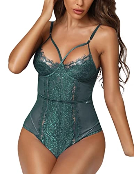 Aranmei Women Sexy Eyelash Lace bodysuit Snap Crotch Teddy Lingerie
