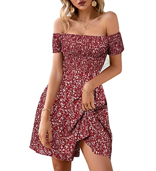 BerryGo Women's Vintage Off Shoulder High Waist Floral Print Beach Mini Dress
