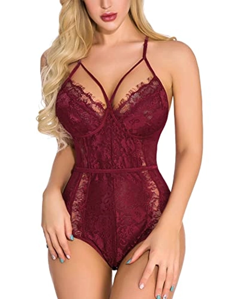 Aranmei Women Sexy Eyelash Lace bodysuit Snap Crotch Teddy Lingerie