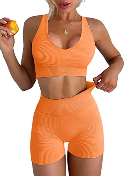 LNSK Women's Yoga 2 Piece Seamless Workout Outfits Running Crop Top Gym High Waist Sport Shorts Set