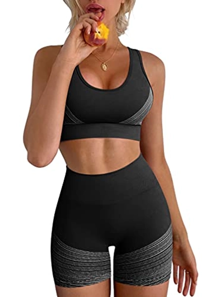 LNSK Women's Yoga 2 Piece Seamless Workout Outfits Running Crop Top Gym High Waist Sport Shorts Set