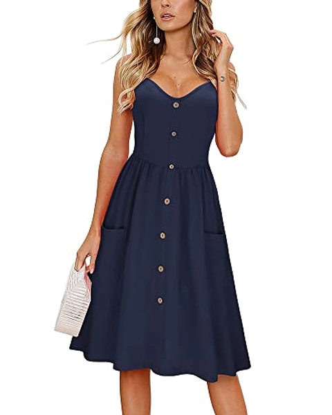 KILIG Women's Summer Casual Sundress Button Sleeveless Spaghetti Strap Dress with Pockets