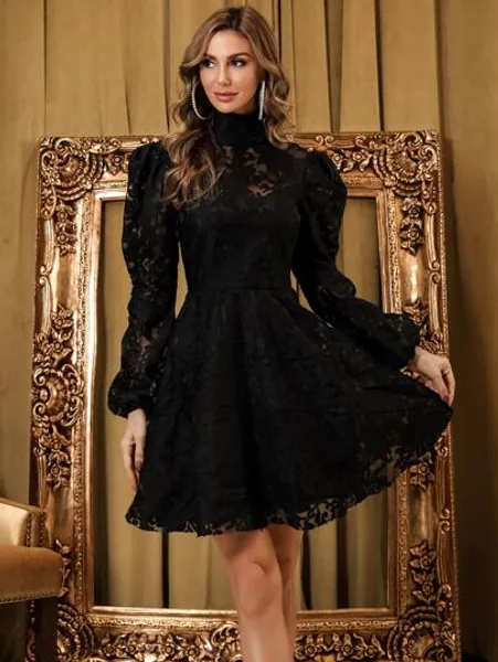 Missord High Neck Lantern Sleeve Cut-out Lace Skater Dress