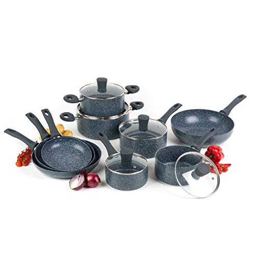 Russell Hobbs COMBO-4836A Pots and Pans Set – 9-Piece Cookware Pan Set for Induction Hobs, Non-Stick Frying Pans, Saucepans, Stockpots, Stay Cool Handles, Blue Marble Cooking Set, Nightfall Stone - 9 Piece Set