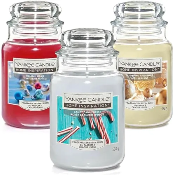 Pack of 3 Yankee Candle Home Inspiration Large Jar Candle (3x538g - Glistening Christmas, Holiday Magic & Candy Cane Forest)