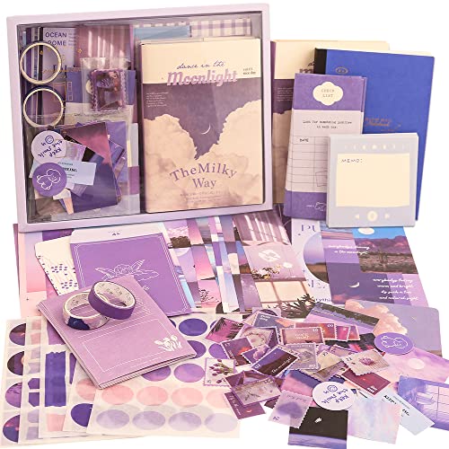 348 Pcs Scrapbooking Supplies Kit, Vintage Aesthetic Scrapbook Kit for Bullet Junk Journal, Stationery, A6 Grid Notebook, DIY Journaling Supplies, Birthday Craft Gift for Teen Girl Kid Women - Moonlight