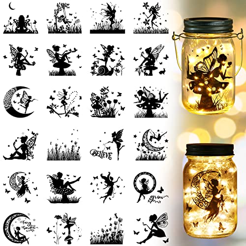 24 Pieces Fairy Silhouettes Mason Jar Cutouts Fairy Laser Cutouts Decals (Not Stickers) Plastic Mermaid 3.94 x 3.54 Inches Lantern Jar Dinosaur Cut Out Scrapbook Supplies for DIY Crafts (Fairy) - Fairy