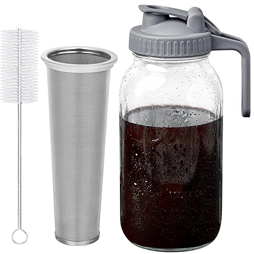 Cold Brew Coffee Maker - 2 Quart 64oz Stainless Steel Filter Cold Brew Pitcher Jar, No Leaks Cold Brew Mason Jar Coffee Maker, Easy to Clean Cold Coffee Maker - 64 Ounces