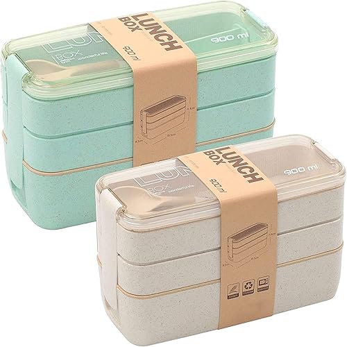 Rarapop 2 Pack Stackable Bento Box Japanese Lunch Box Kit with Spoon & Fork, 3-In-1 Compartment Wheat Straw Meal Prep Containers for Kids & Adults (Green/Beige) - Green/Beige - 2 pack