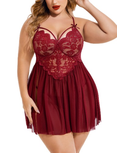 Avidlove Plus Size Lingerie Lace Babydoll Womens Strap Chemise Nightgown V Neck Nighty Mesh Sleepwear Side Slit Nightdress
