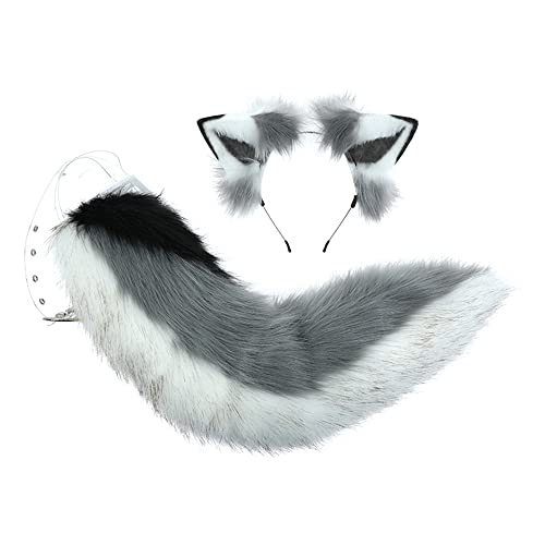 Handmade Faux Fur Husky Dog Ear Headband and Tail Halloween Christmas Party Costume Accessories