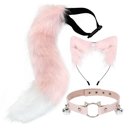 Cat Ears and Tail Set for Girl, Wolf Fox Long Tail Faux Fur Leather Neck Chocker Cosplay Halloween Party Accessories - Pink and White