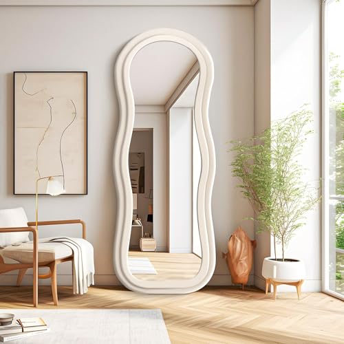 CILIBER Wavy Mirror Full Length, 63" x 24" Irregular Mirror, Large Wall Mirror Wave Pattern, Flannel Wrapped Wooden Frame Full Body Mirror Hanging or Leaning Against The Wall for Bedroom, Living Room - 63"x24" Gourd