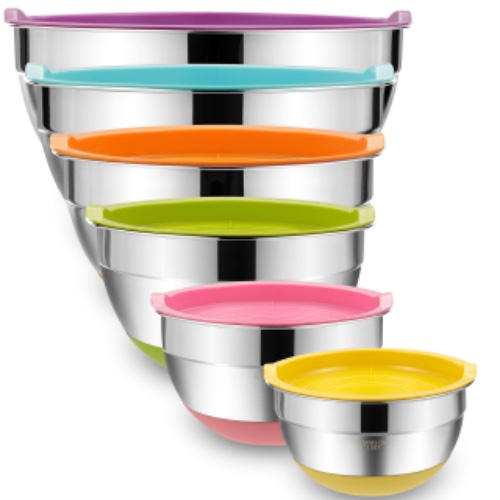 Mixing Bowls with Airtight Lids, 6 Piece Stainless Steel Metal Bowls by Umite Chef, Measurement Marks & Colorful Non-Slip Bottoms Size 7, 3.5, 2.5, 2.0,1.5, 1QT, Great for Mixing & Serving - Colorful