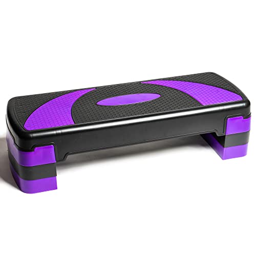 PRISP Adjustable Aerobic Stepper 78cm, 3 Levels (10/15/20cm - 4''/6''/8'') Exercise Step Platform for Home Gym and Fitness Training, 78 x 28 cm - 31'' x 11'' - Purple & Black