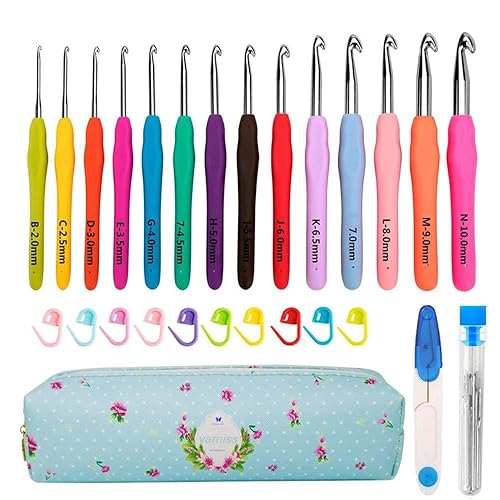 Yarniss Crochet Hooks,14 Size Crochet Set 2mm(B)-10mm(N), Ergonomic Crochet Hooks with Case for Arthritic Hands,Long Crochet Needles - 14 Size (2.0~10.0mm)