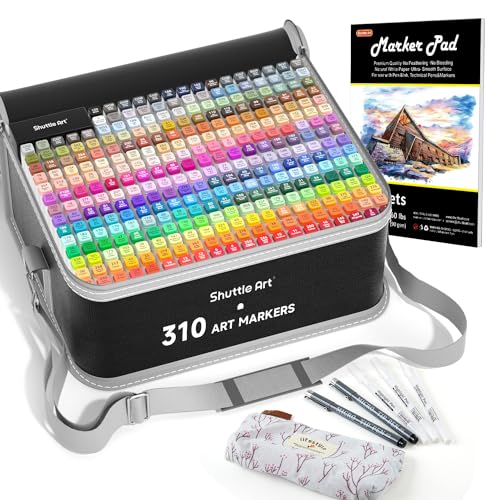 Shuttle Art 310 Colors Alcohol Markers, 309 Colors Dual Tip Art Marker Set Plus Colorless Blender, Micro-tip Pens, White Highlighter Pens, Marker Bag with Holders Perfect for Students Adults Coloring - 310 Colors