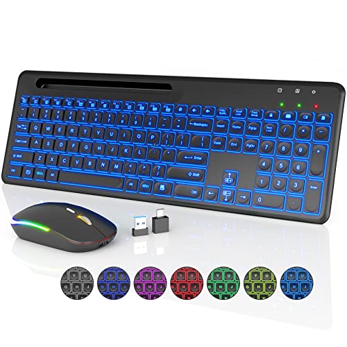Wireless Keyboard and Mouse, 7 Backlit Effects, Quiet Light Up Keys, Sleep Mode, Phone Holder - Rechargeable Cordless Combo with Type C Adapter for Mac, Computer, Laptop - by SABLUTE, Black - Dark Black