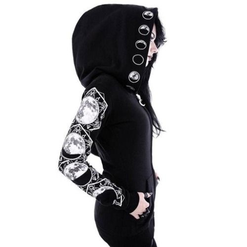 Womens Gothic Hooded Jackets Coats Cardigan Black Vintage Moon Printed Punk Goth Hoodie Plus Size Sweatshirt - Small 03-black