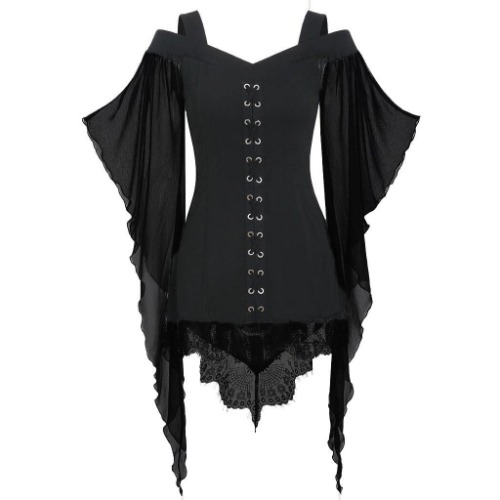 Goth Criss Cross Shirt Lace Butterfly Sleeve Blouses Gothic Clothes for Women Halloween Steampunk Tops with Corset - Black Small