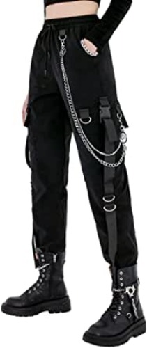 MEINVQIAOTI Black Cargo Pants for Women Techwear Women Loose Street Rock Style Casual Black Pants with Chain Goth Pants - Black X-Small