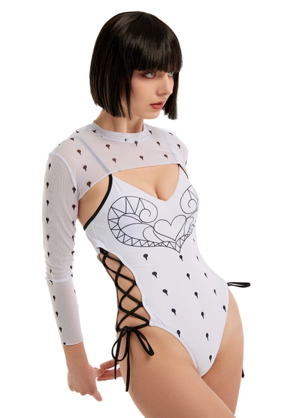 Miccostumes Swimsuits Sexy One-Piece Swimsuit Lace Up Heart-shaped Bathing Suit with Long-Sleeve Chiffon Top Cover-up