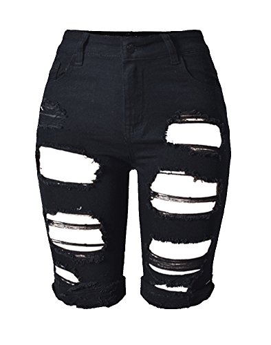 olrain Womens High Waist Ripped Hole Washed Distressed Short Jeans - Black
