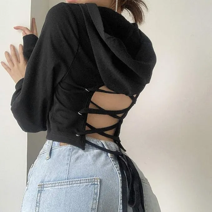 Cross Bandage Tie Up Backless Black Hoodie Sweatshirt Women Autumn Long Sleeve Harajuku Hoodies Pullover Crop Tops - Medium - Black