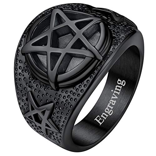 FaithHeart Wicca Pentagram Ring for Men Vintage Pagan Pentacle Signet Rings Stainless Steel/Gold/Black Plated Witch Finger Jewellery Size O-Y Can Personalise - Black-Custom - Y