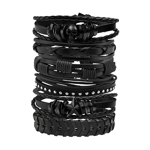 MILAKOO Leather Bracelet Black Brown Braided Wide Wristband Women Men Punk Jewelry Skull - W1: Black