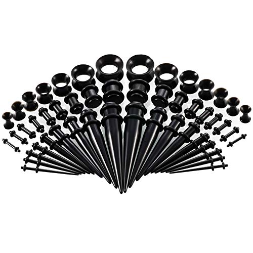 AIM Cloudbed 50 Pieces Ear Stretching Kit 14G-00G - Acrylic Tapers and Plugs + Silicone Tunnels - Ear Gauges Expander Set Body Piercing Jewelry(Black)