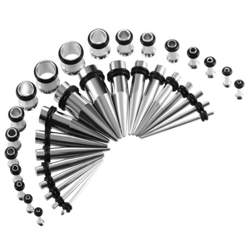 Ear Stretchers Stretching Tunnels Kit - BOOM 18Pcs Ear Tapers with Double O-ring + 18Pcs Flesh Tunnel Stainless Steel Single Flared 1.6mm-10mm - Steel Silver Ear Taper+single Flared Tunnel