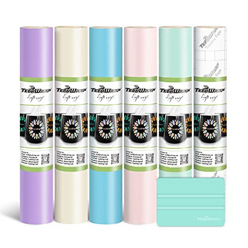 TECKWRAP Permanent Adhesive Vinyl Bundle for Crafting Cutter 12" x 36"/Rolls (Matte Lavender Purple,Ivory White,Cyan Blue,Light Pink,Mint Green) - Matte Cream
