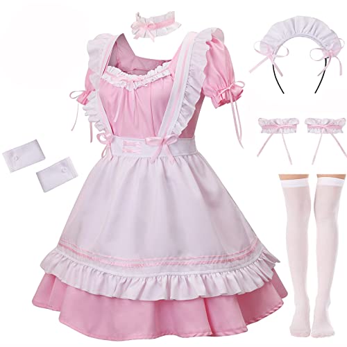 GRAJTCIN Womens Anime French Maid Outfit Lolita Cosplay Dress Halloween Costume with Socks - Large - Pink&white