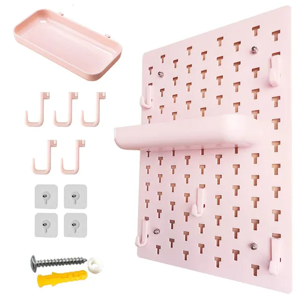 Wall Shelf Floating Shelves Wall Mount Shelf Pegboard Hooks Organizer Storage Racks Decorative DIY for Living Room Kitchen Bathroom Office Entryway Plastic Convenient (1, Pink) - 1 Pink