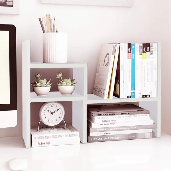 Jerry & Maggie - Desktop Organizer Office Storage Rack Adjustable Wood Display Shelf | Birthday Gifts - Toy - Home Decor | - Free Style Rotation Display - True Natural Stand Shelf (White) - White