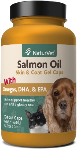 NaturVet Salmon Oil Pet Supplement for Healthy Skin, Glossy Coats – Dog Coat Supplement, Cat Skin Supplement – Includes Omega-3, 6, 9, Source of DHA, EPA – 120 Ct. Gel Caps - 120 Count (Pack of 1)