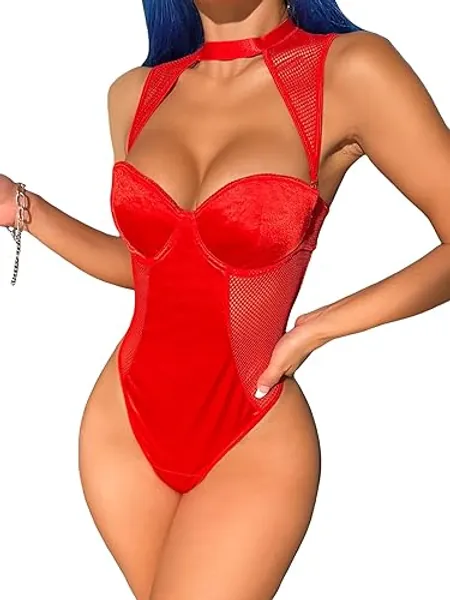 WDIRARA Women's Mesh Cut Out Teddy One Piece Underwire Choker Lingerie Bodysuit