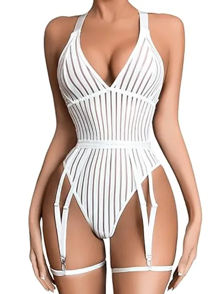Kaei&Shi Sexy Ribbed Top,Plunge V, Snap Crotch, Leg Strap, Backless 3Pc Bodysuit
